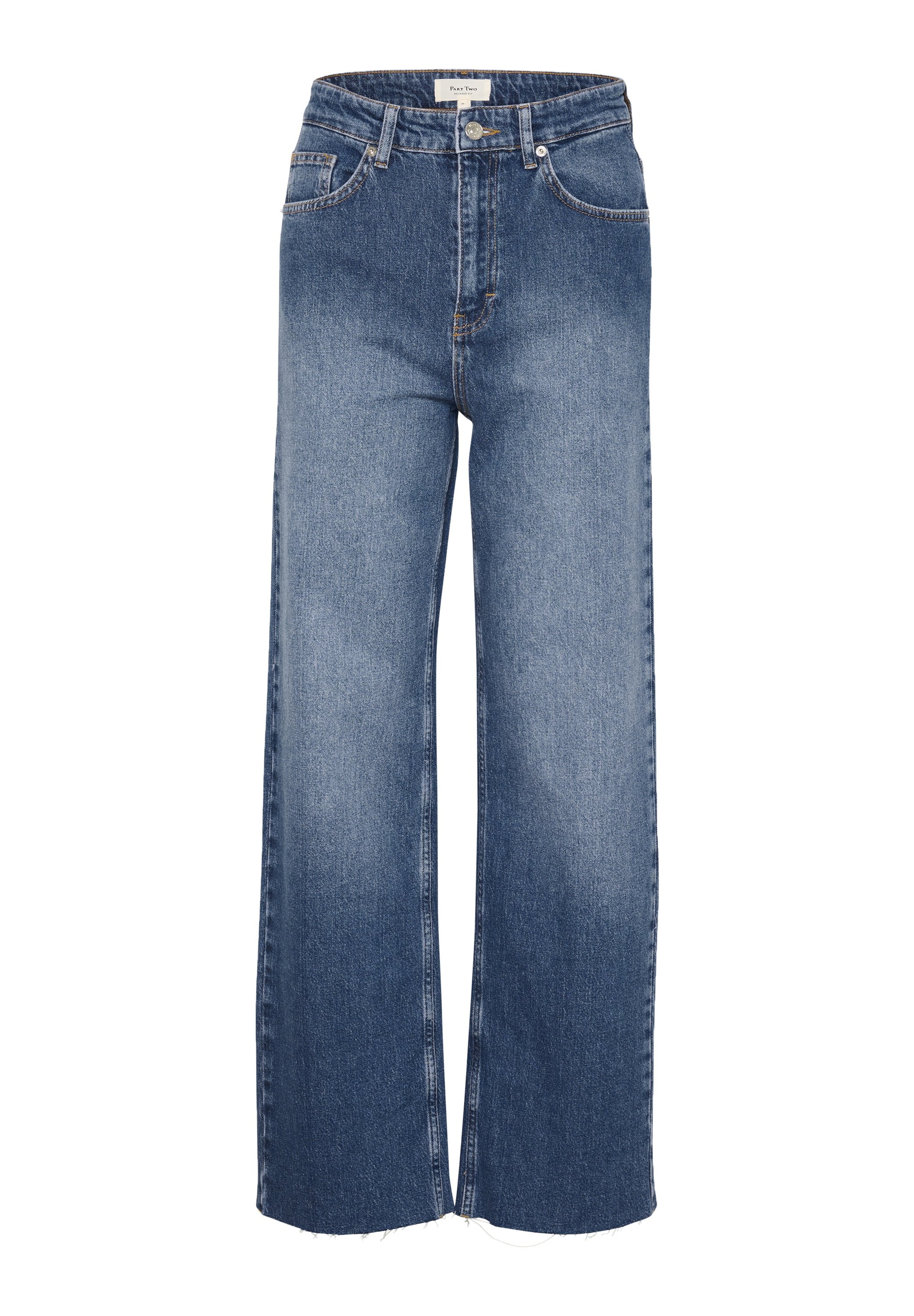 Weite Jeans in mittelblauem Denim, mit hoher Taille, Fünf-Taschen-Design und ausgefransten Säumen für einen lässigen Look.