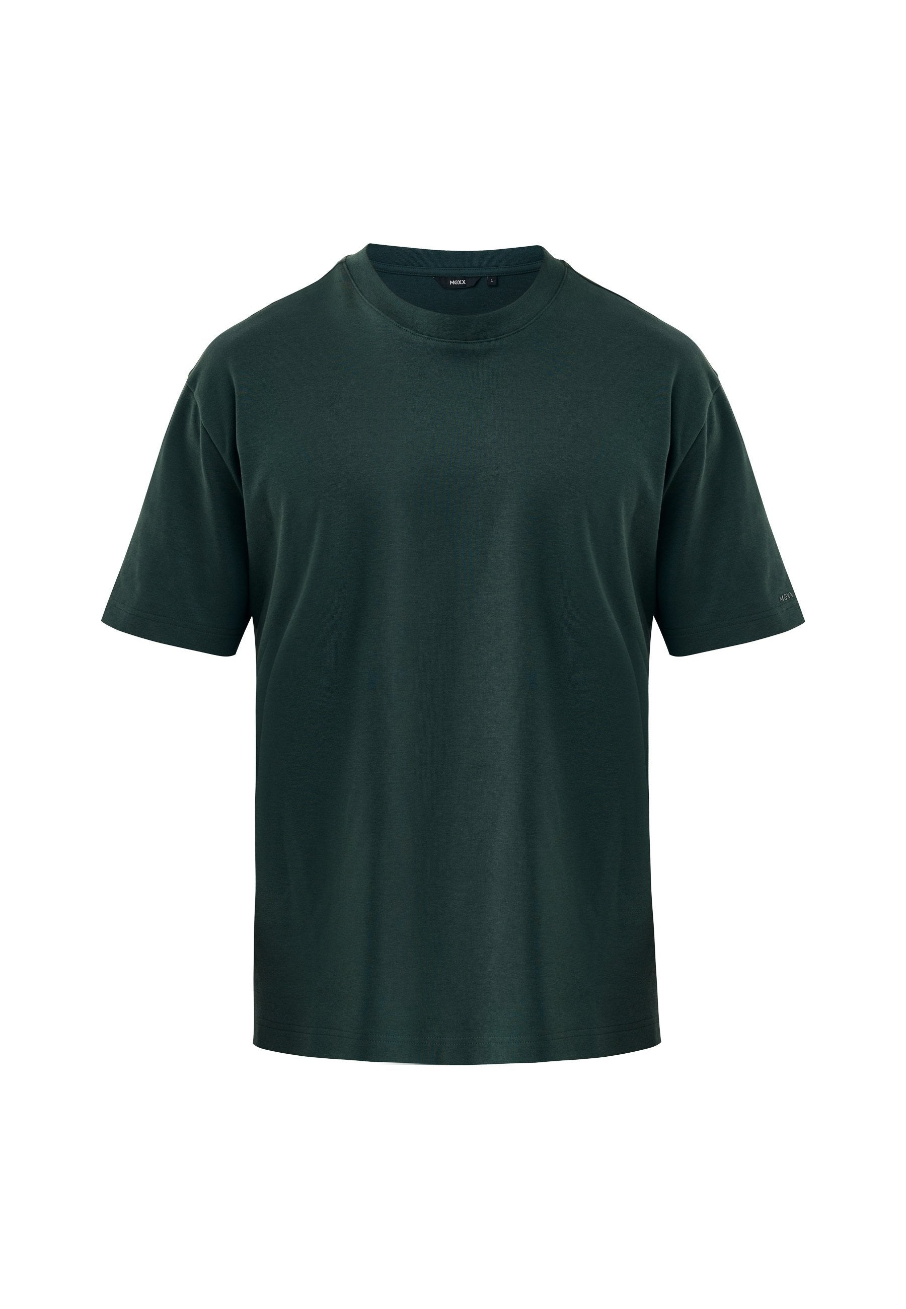 Dunkelgrünes T-Shirt mit kurzen Ärmeln aus weichem Stoff, mit einem klassischen Rundhalsausschnitt und einem lockeren Schnitt, ohne zusätzliche Muster oder Akzente.