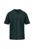 Dunkelgrünes T-Shirt mit kurzen Ärmeln aus weichem Stoff, mit einem klassischen Rundhalsausschnitt und einem lockeren Schnitt, ohne zusätzliche Muster oder Akzente.