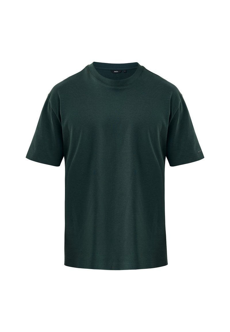 Dunkelgrünes T-Shirt mit kurzen Ärmeln aus weichem Stoff, mit einem klassischen Rundhalsausschnitt und einem lockeren Schnitt, ohne zusätzliche Muster oder Akzente.