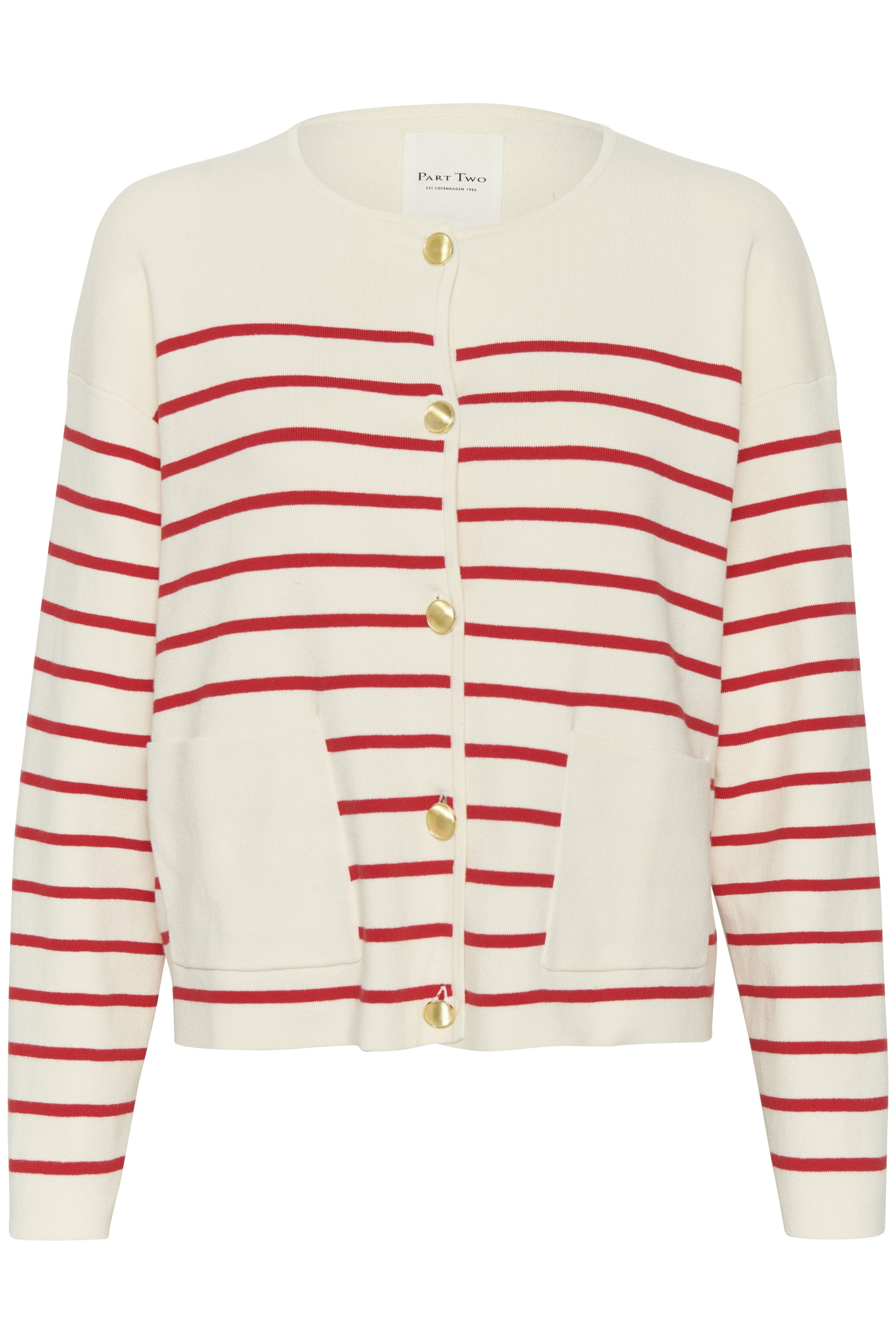 Rot-weiß gestreifter Strickcardigan mit rundem Ausschnitt, vier goldenen Knöpfen und zwei Fronttaschen. Weicher Stoff und lockere Passform.