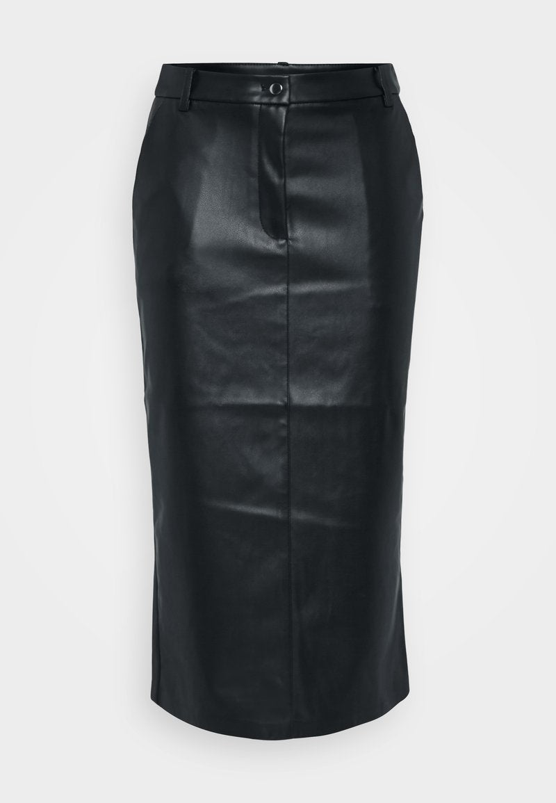 Schwarzer Leder-Bleistiftrock mit hoher Taille, Schlitze hinten, glatter Textur und einem einfachen Knopfverschluss. Verfügt über ein maßgeschneidertes, eng anliegendes Design.