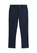 Dunkelblaue, gerade geschnittene Hose mit Gürtelschlaufen, Seitentaschen und einem vorderen Knopf- und Reißverschluss.