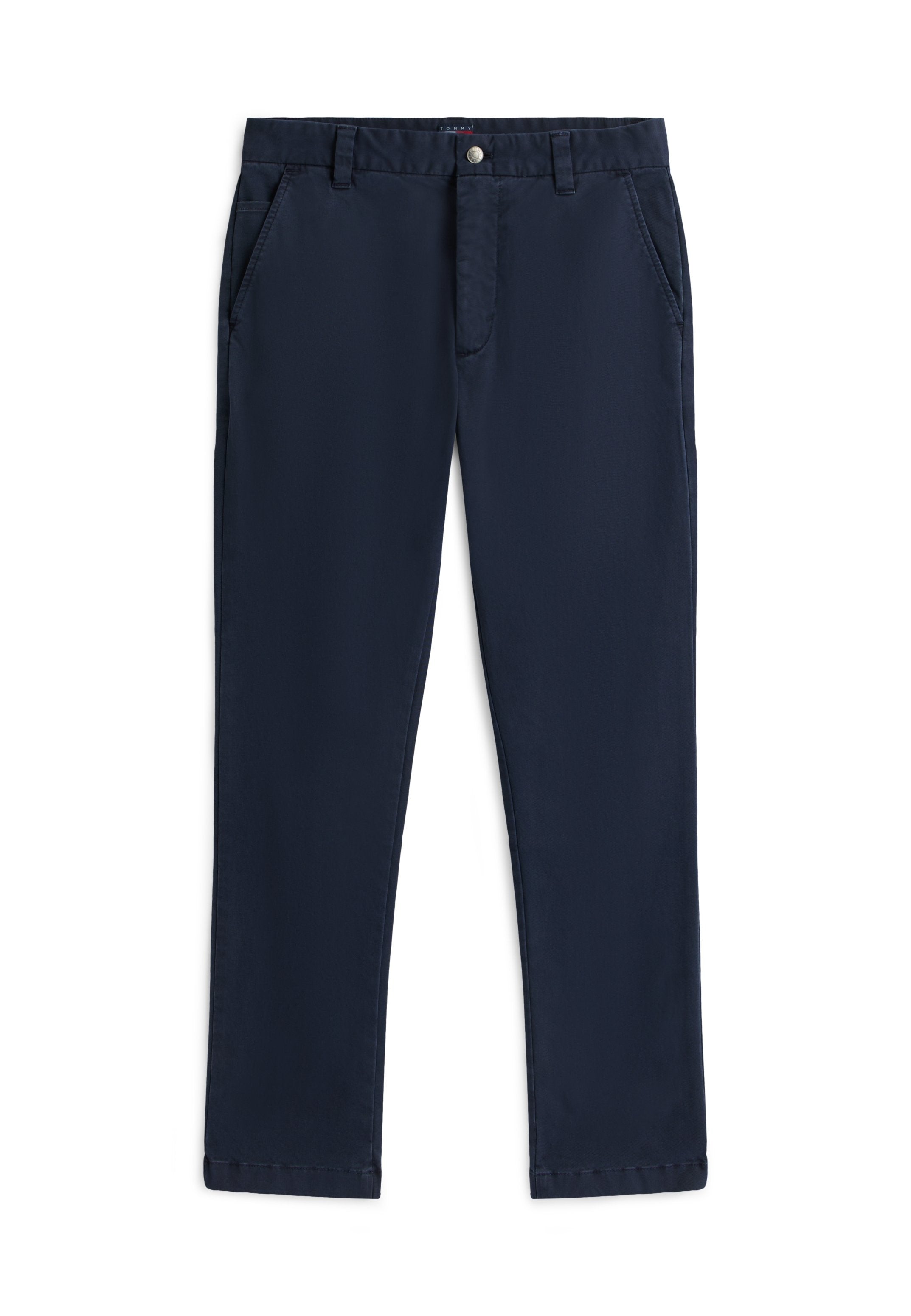 Dunkelblaue, gerade geschnittene Hose mit Gürtelschlaufen, Seitentaschen und einem vorderen Knopf- und Reißverschluss.
