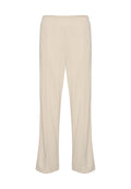 Beige, elastische Bundhose mit geradem Schnitt. Glatte Textur, ohne Muster, mit zwei vertikalen Nahtdetails an der Vorderseite.
