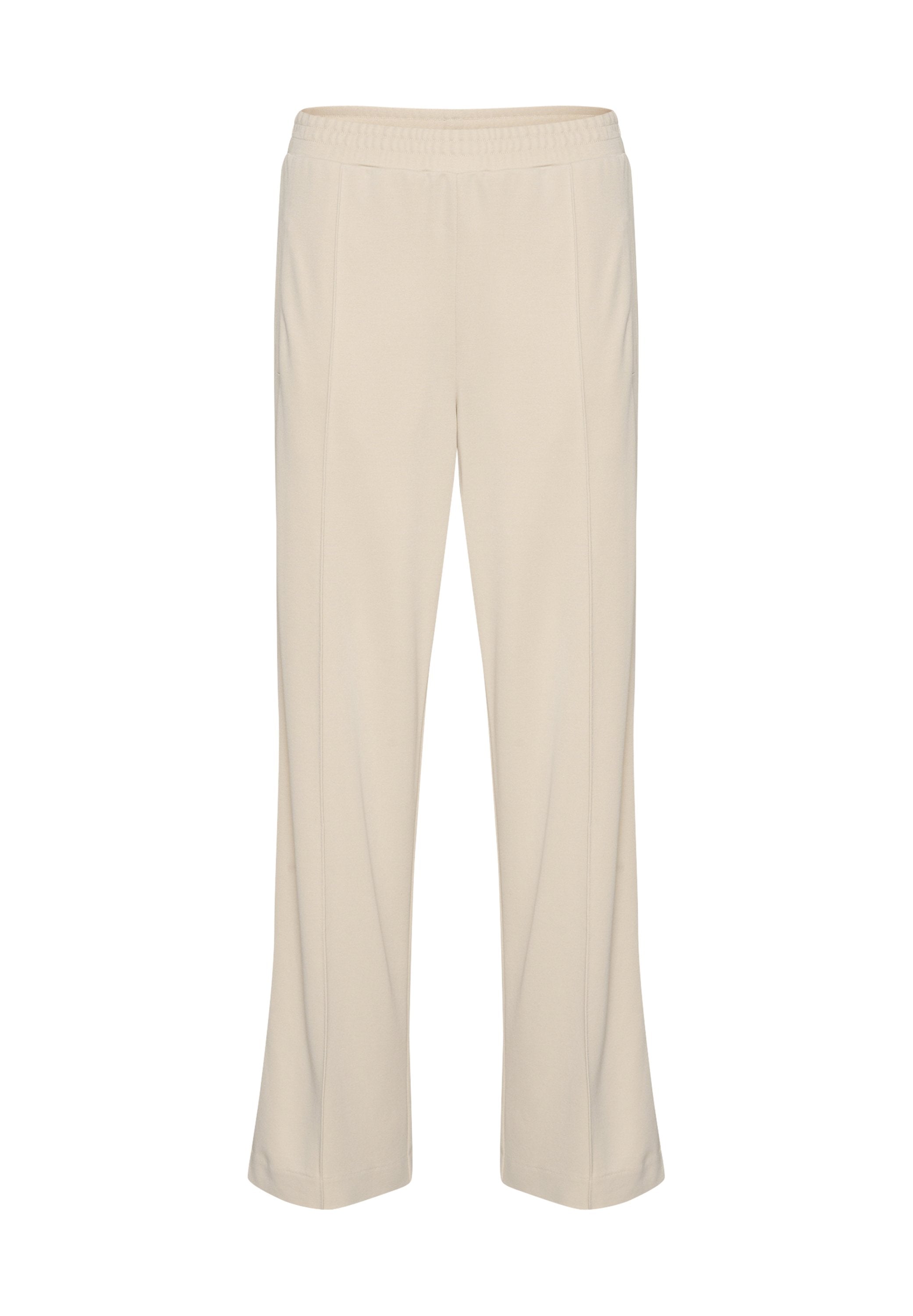 Beige, elastische Bundhose mit geradem Schnitt. Glatte Textur, ohne Muster, mit zwei vertikalen Nahtdetails an der Vorderseite.