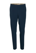 Navy Hosen aus glattem Stoff mit taillierter Passform, Bund mit Gürtelschlaufen und Fronttaschen. Minimalistisches Design, keine sichtbaren Muster.