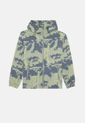 Leichte Kapuzenjacke mit gelbem und grauem abstraktem Camouflage-Muster, durchgehendem Frontreißverschluss, seitlichen Reißverschlusstaschen und elastischen Bündchen.