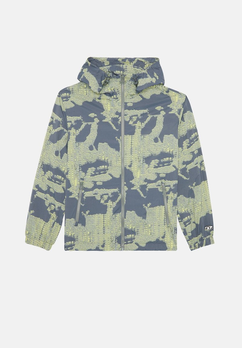 Leichte Kapuzenjacke mit gelbem und grauem abstraktem Camouflage-Muster, durchgehendem Frontreißverschluss, seitlichen Reißverschlusstaschen und elastischen Bündchen.