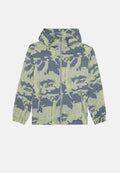 Leichte Kapuzenjacke mit gelbem und grauem abstraktem Camouflage-Muster, durchgehendem Frontreißverschluss, seitlichen Reißverschlusstaschen und elastischen Bündchen.