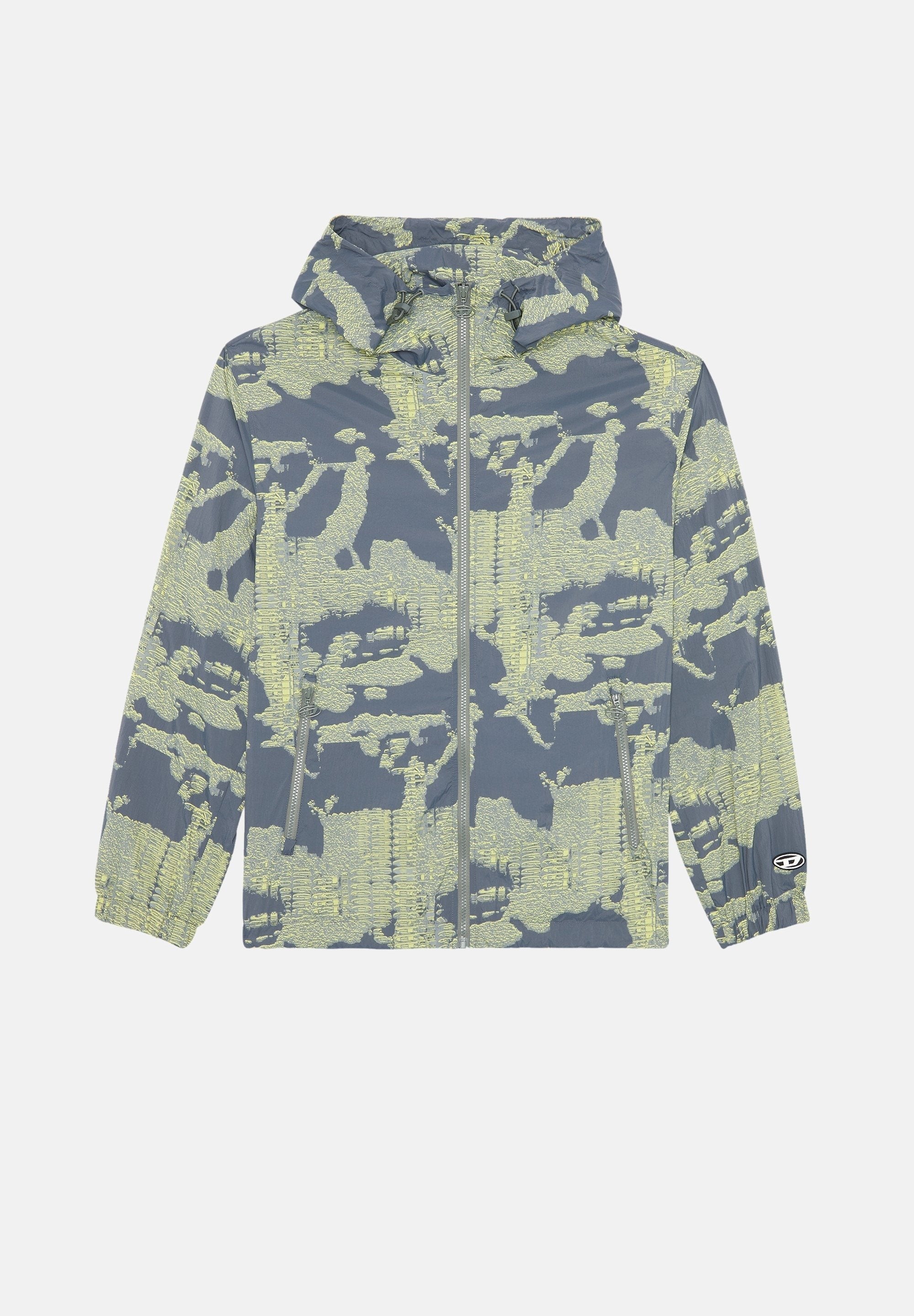 Leichte Kapuzenjacke mit gelbem und grauem abstraktem Camouflage-Muster, durchgehendem Frontreißverschluss, seitlichen Reißverschlusstaschen und elastischen Bündchen.