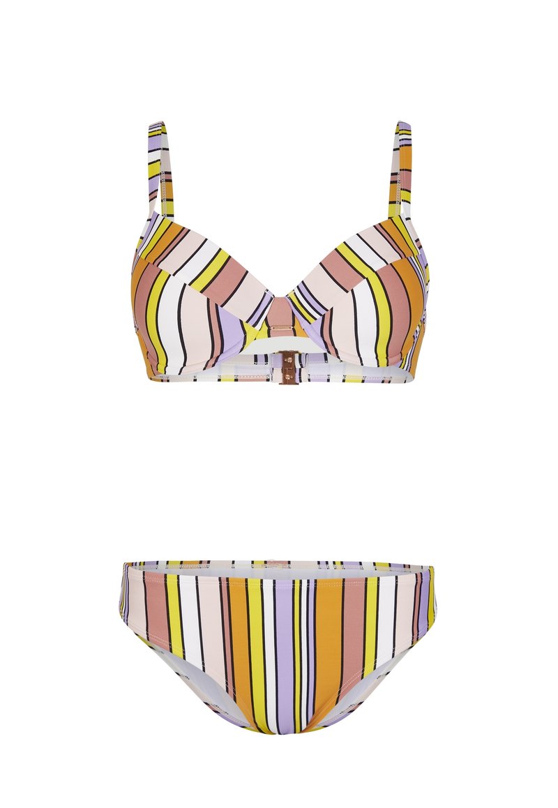 Bunt gestreiftes Bikini-Set mit einem gepolsterten Bügel-BH, verstellbaren Trägern und einem Klippverschluss, sowie passender, tief sitzender Unterteile.
