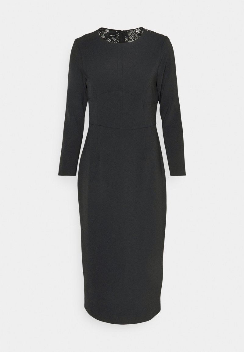Schwarzes Kleid mit taillierter Silhouette, langen Ärmeln und rundem Ausschnitt. Strukturiertes Spitzenakzent am Rücken und subtile Nahtdetails.