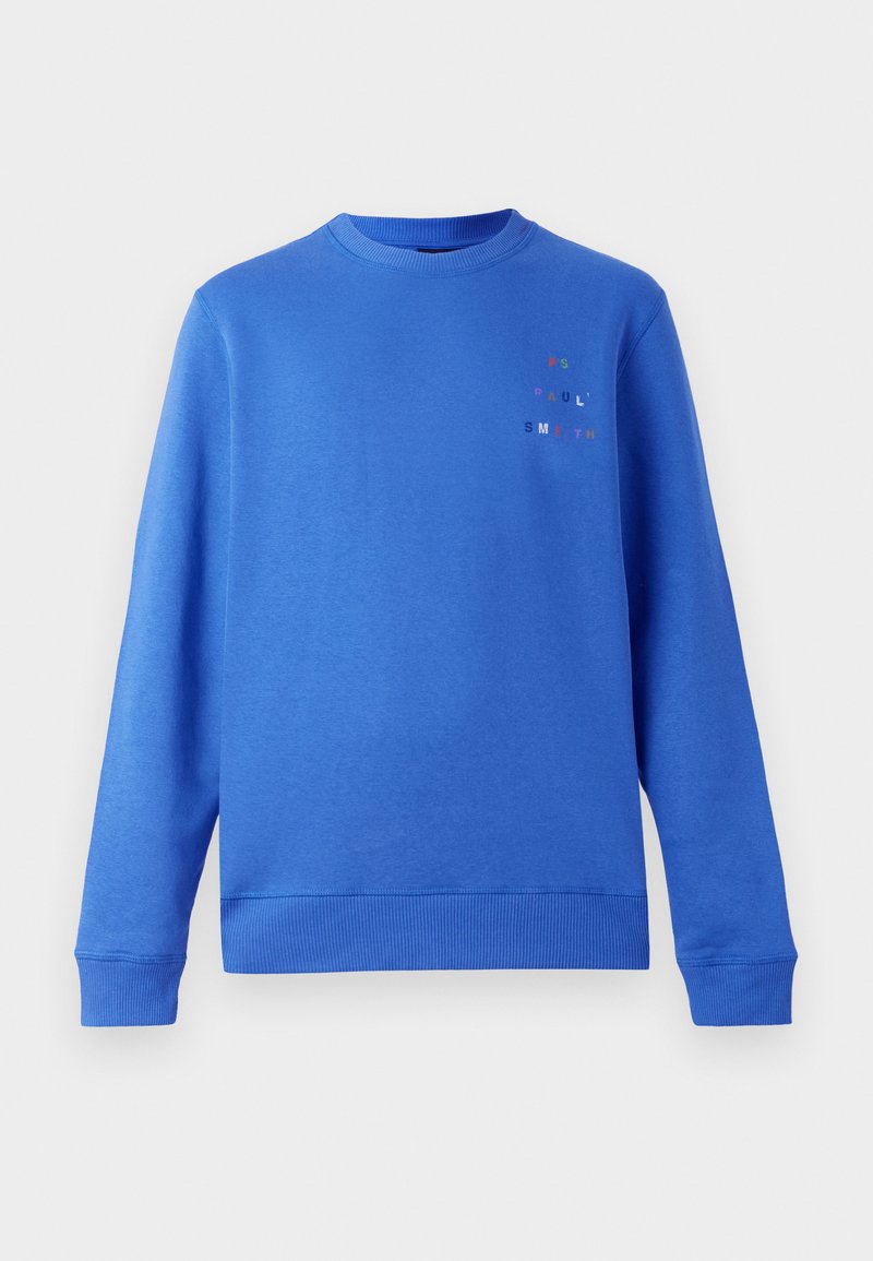 Blauer Pullover mit Rundhalsausschnitt, gerippten Bündchen und Saum. Verfügt über ein mehrfarbiges "Paul Smith"-Logo auf der oberen linken Seite. Glatte Textur.
