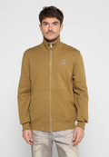Brauner Reißverschluss-Sweatshirt mit hohem Kragen, gerippter Textur, zwei Vorderaschen und einem kleinen Logo auf der Brust. Figurbetonter Schnitt, weicher Stoff.
