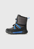 Winterstiefel mit einem schwarzen und grauen Design und blauen Akzenten, aus leichtem Material, mit einer Gummisohle und einem Textil-Obermaterial.