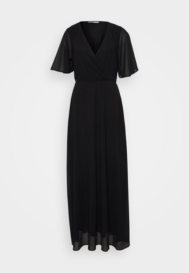 Schwarzes Maxikleid mit kurzen, schwingenden Ärmeln, V-Ausschnitt und gerafftem Taillendesign. Der Stoff ist glatt mit einer fließenden Silhouette.