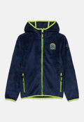 Navyblauer Fleece-Reißverschluss mit Kapuze, mit neongrünen Akzenten, zwei vorderen Taschen und einem Logopatch auf der Brust. Weiche Textur.