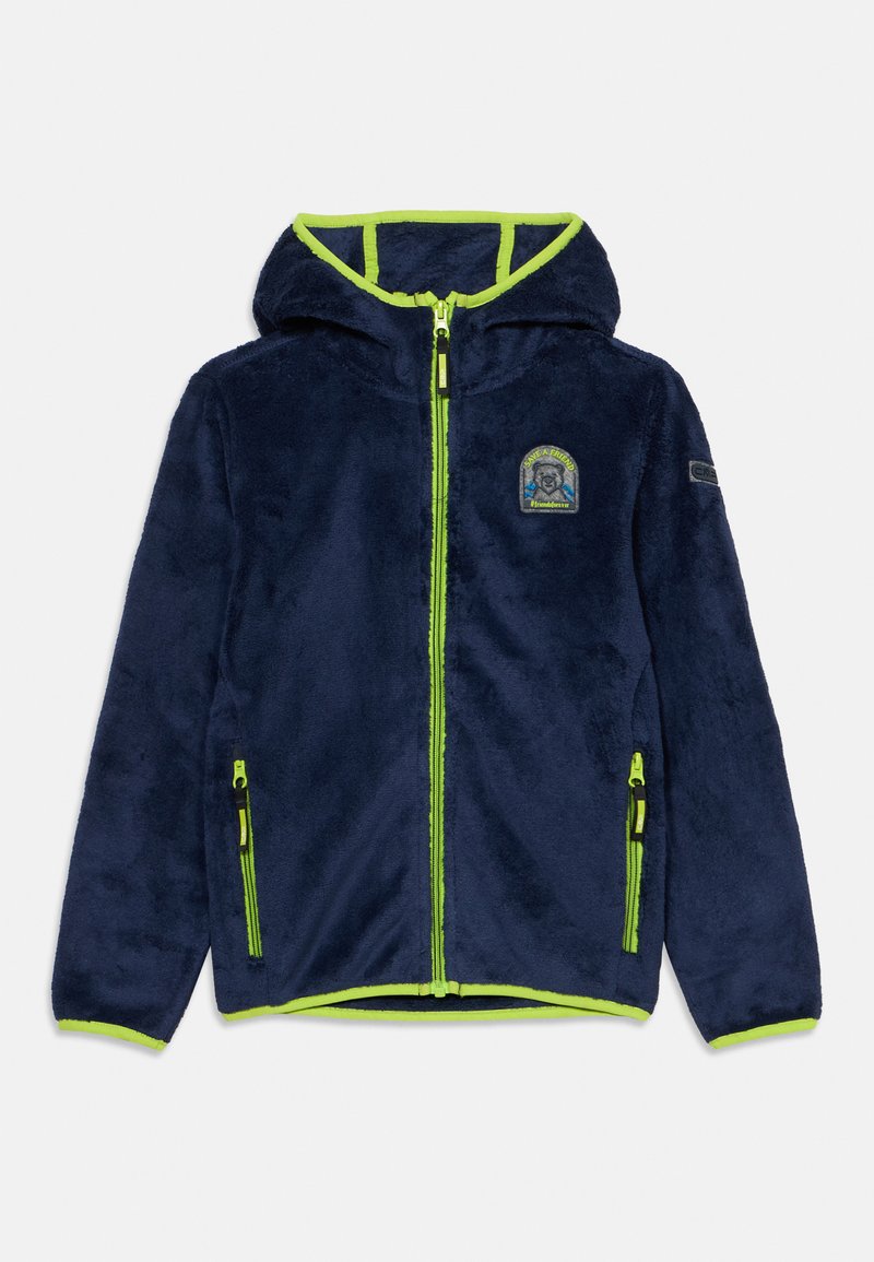 Navyblauer Fleece-Reißverschluss mit Kapuze, mit neongrünen Akzenten, zwei vorderen Taschen und einem Logopatch auf der Brust. Weiche Textur.