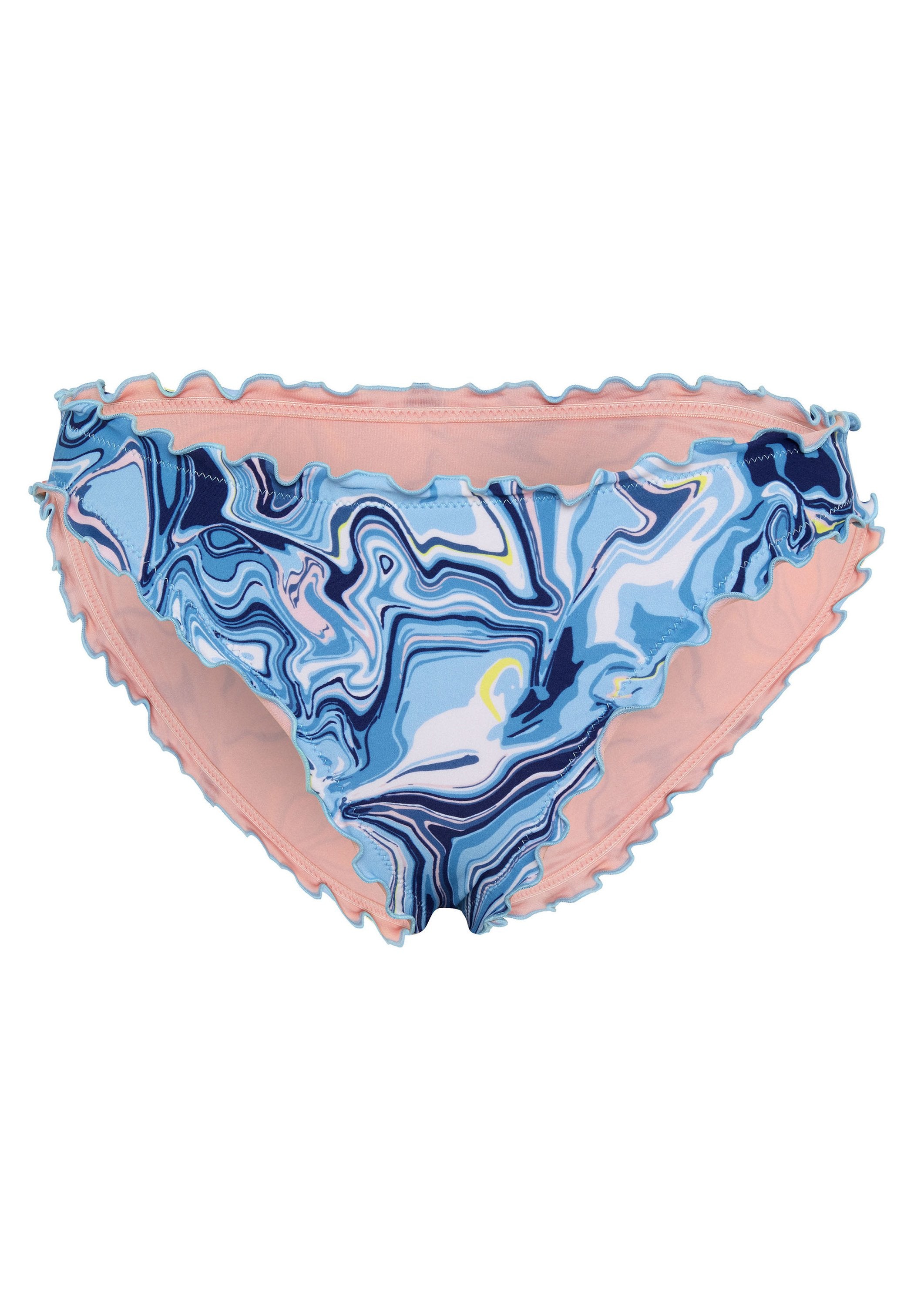 Bikini-Unterteil mit blau-weißer Marmoroptik und pinkfarbenen Rüschenkanten. Hergestellt aus dehnbarem Stoff, ideal für Badebekleidung.