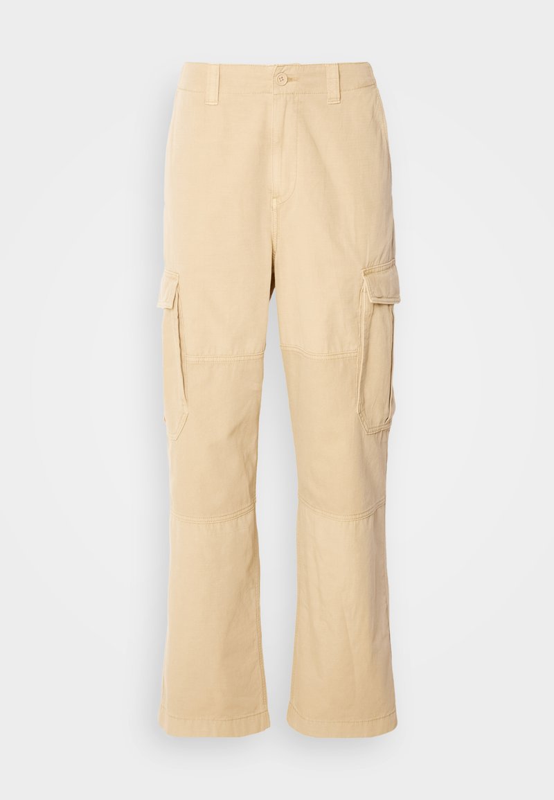 Beige Cargo-Hosen aus leichtem Stoff, mit Seitentaschen, geradem Bein und verstärkten Nähten.