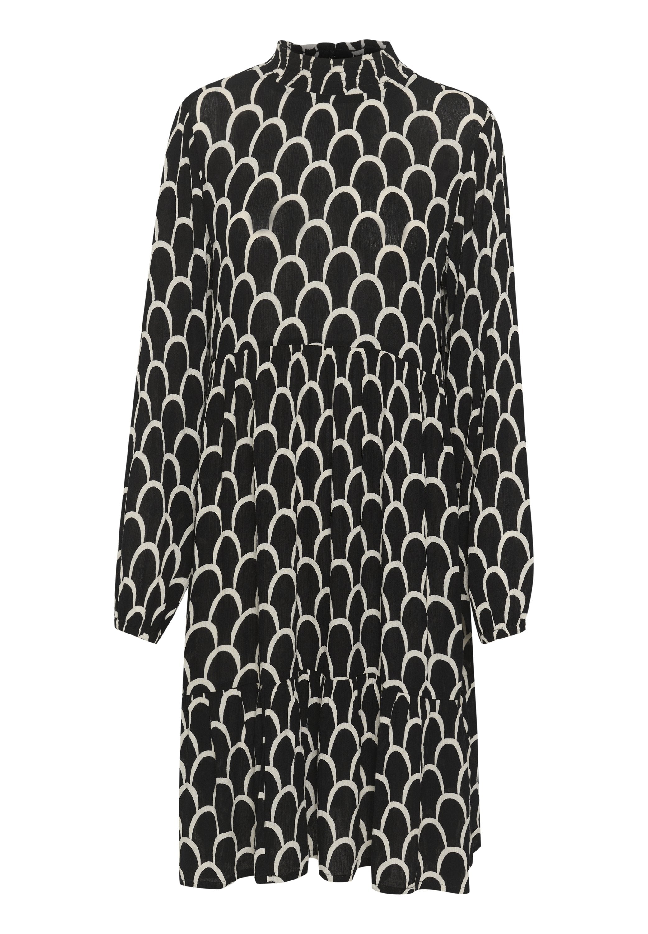 Schwarzes Kleid mit weißem gewelltem Muster, langen Ärmeln, hohem Kragen und gestuftem Rockdesign. Hergestellt aus leichtem Stoff.