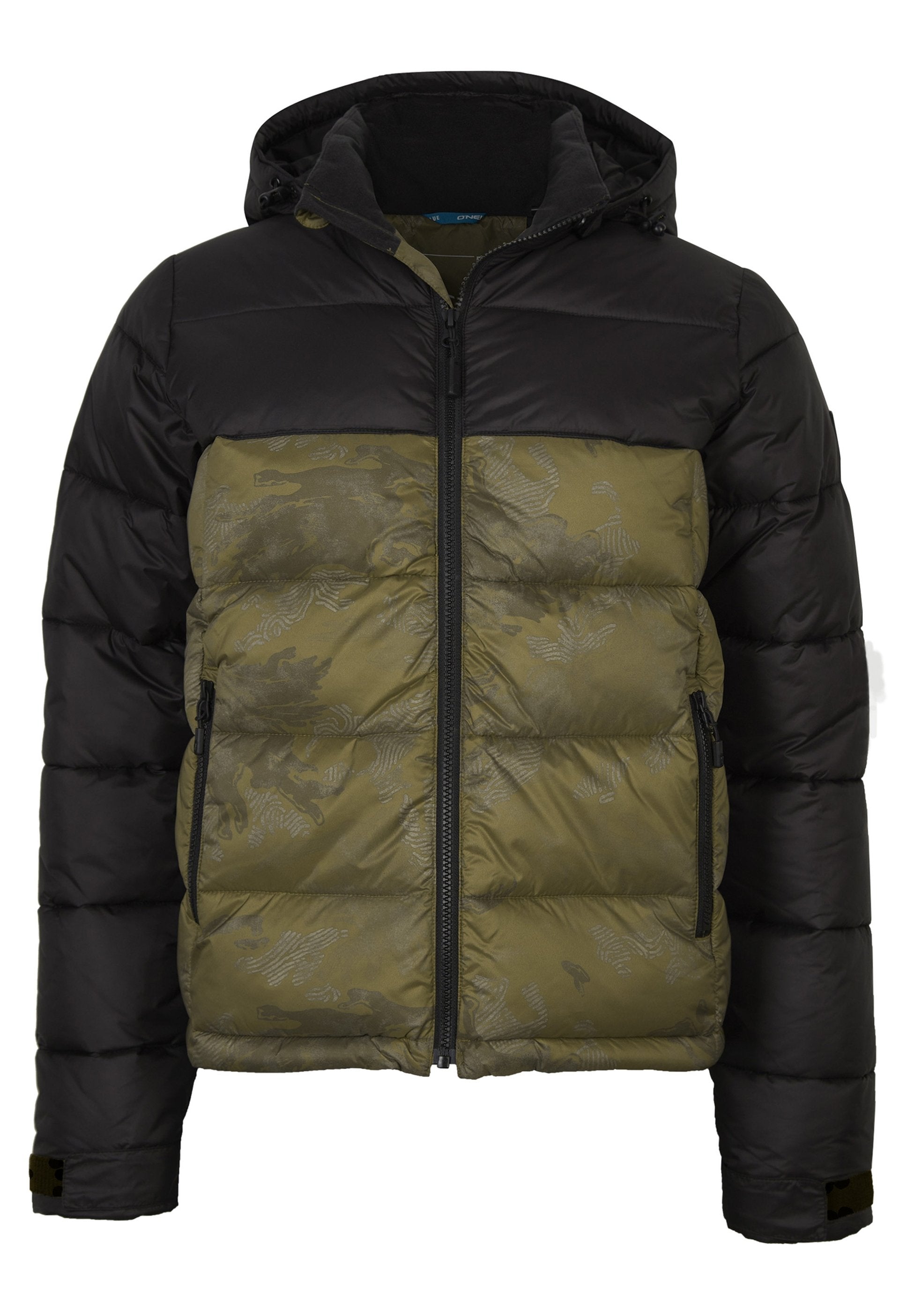 Gestepptes Jacket mit einem schwarzen oberen Teil, einem olivgrünen unteren Teil mit einem dezenten Muster, Frontzip-Verschluss und Kapuze.