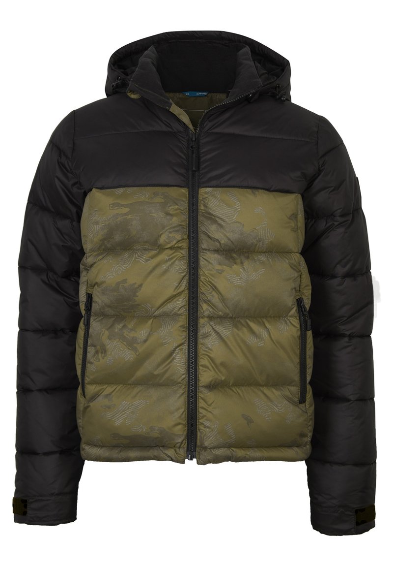 Gestepptes Jacket mit einem schwarzen oberen Teil, einem olivgrünen unteren Teil mit einem dezenten Muster, Frontzip-Verschluss und Kapuze.