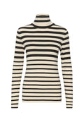 Langärmliger Turtleneck-Pullover mit schwarz-weißen Streifen aus weichem Strickmaterial, mit tailliertem Schnitt und hohem Kragen.