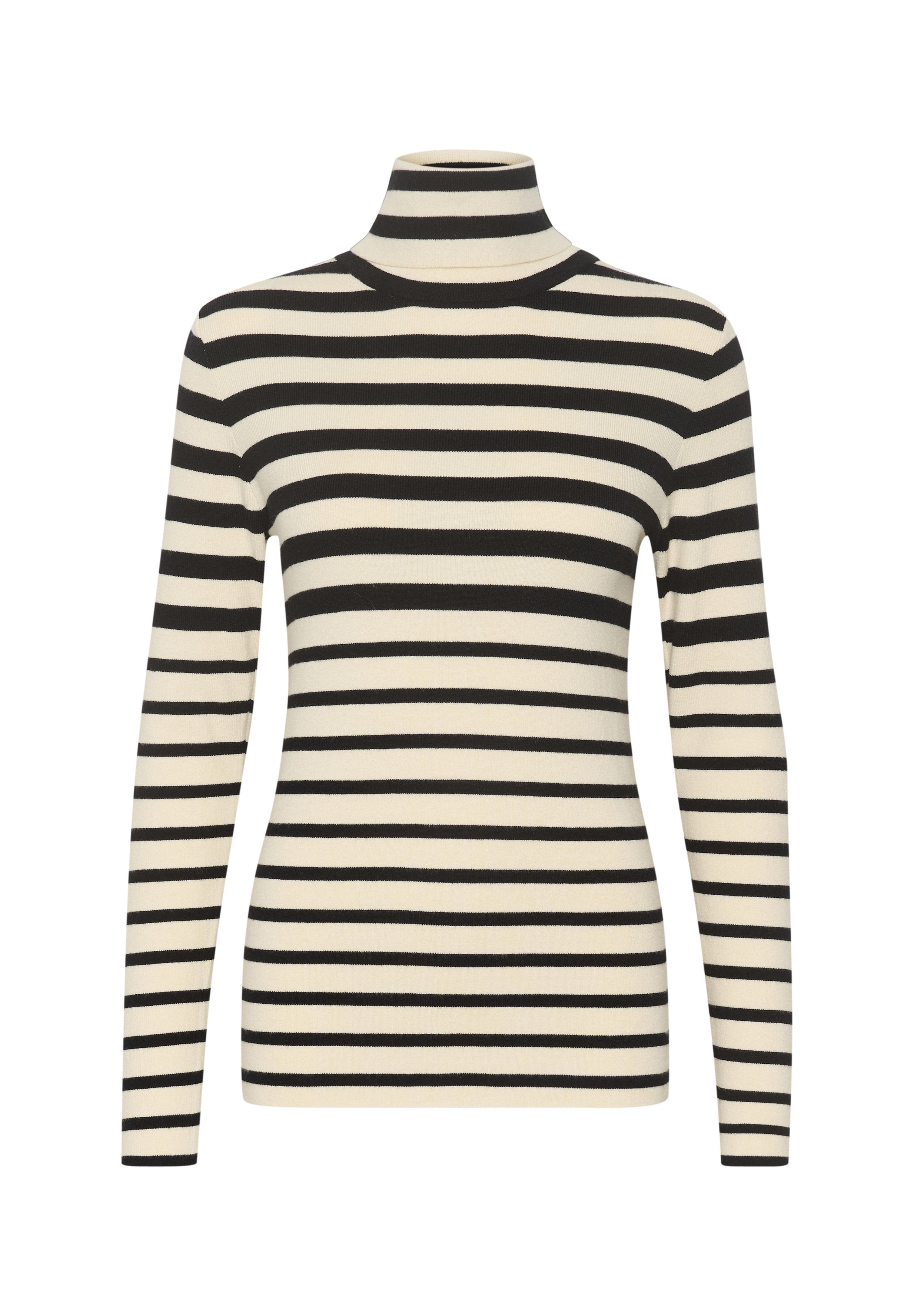 Langärmliger Turtleneck-Pullover mit schwarz-weißen Streifen aus weichem Strickmaterial, mit tailliertem Schnitt und hohem Kragen.