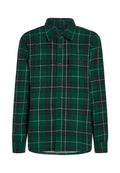 Grüne Flanellbluse mit einem schwarz-weißen Karomuster. Lange Ärmel, Knopfleiste und zwei Brusttaschen. weiche Textur.