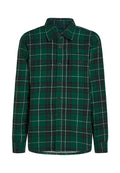 Grüne Flanellbluse mit einem schwarz-weißen Karomuster. Lange Ärmel, Knopfleiste und zwei Brusttaschen. weiche Textur.