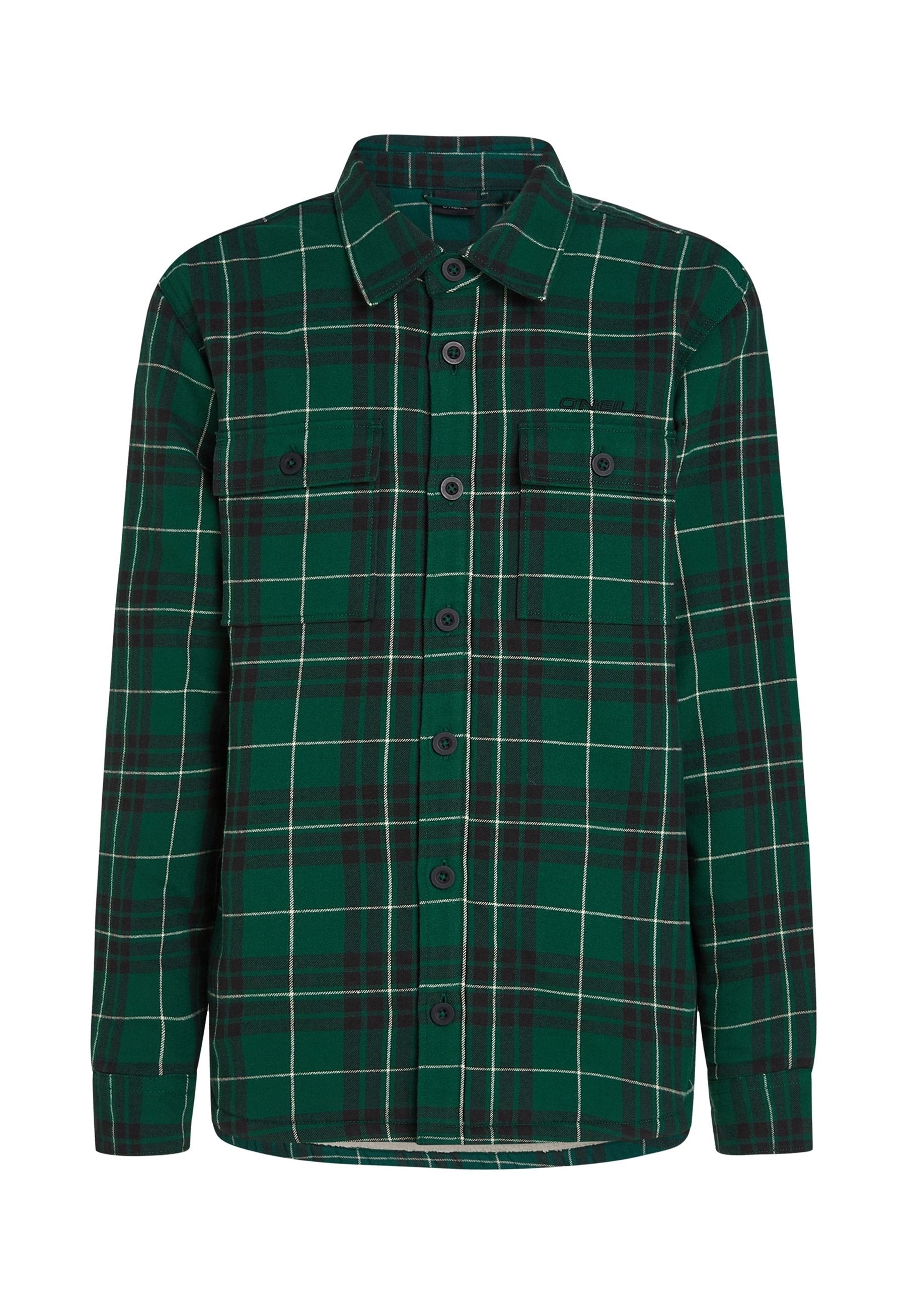 Grüne Flanellbluse mit einem schwarz-weißen Karomuster. Lange Ärmel, Knopfleiste und zwei Brusttaschen. weiche Textur.