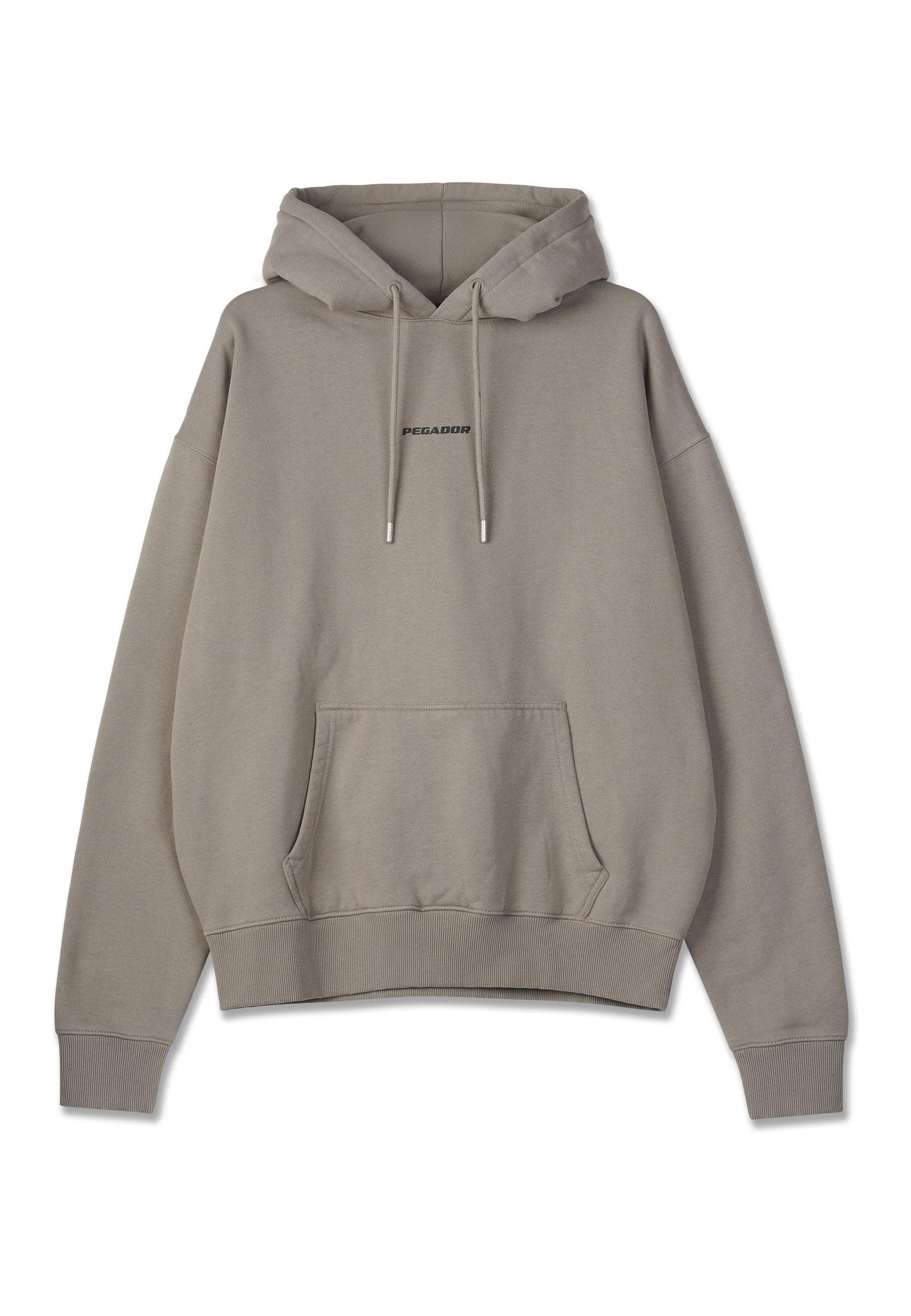 Hoodie aus leichtem grauem Baumwollmix, mit einer Fronttasche, gerippten Bündchen und Saum, sowie dem "PEGADOR"-Logo über der Brust.