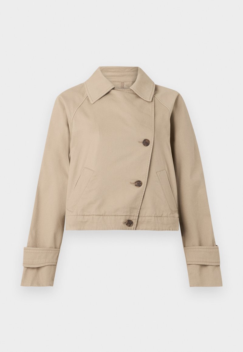 Beige Cropped-Jacke aus Baumwollmischung, mit spitzem Kragen, doppelter Knopfleiste und zwei Fronttaschen.