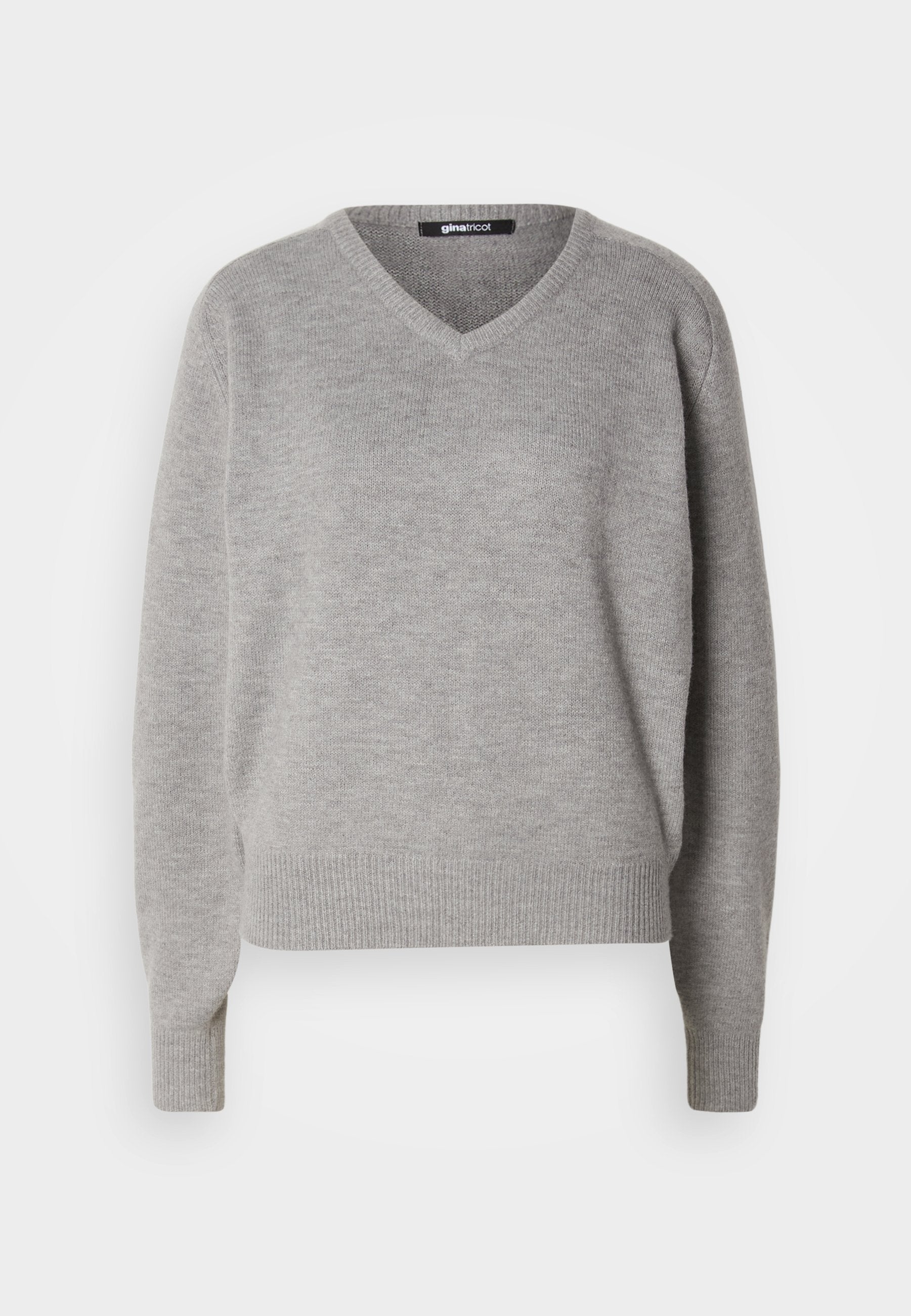 Grauer V-Ausschnitt-Pullover aus weichem Strickmaterial. Mit langen Ärmeln und gerippten Bündchen und Saum. Einfaches, klassisches Design ohne Muster.