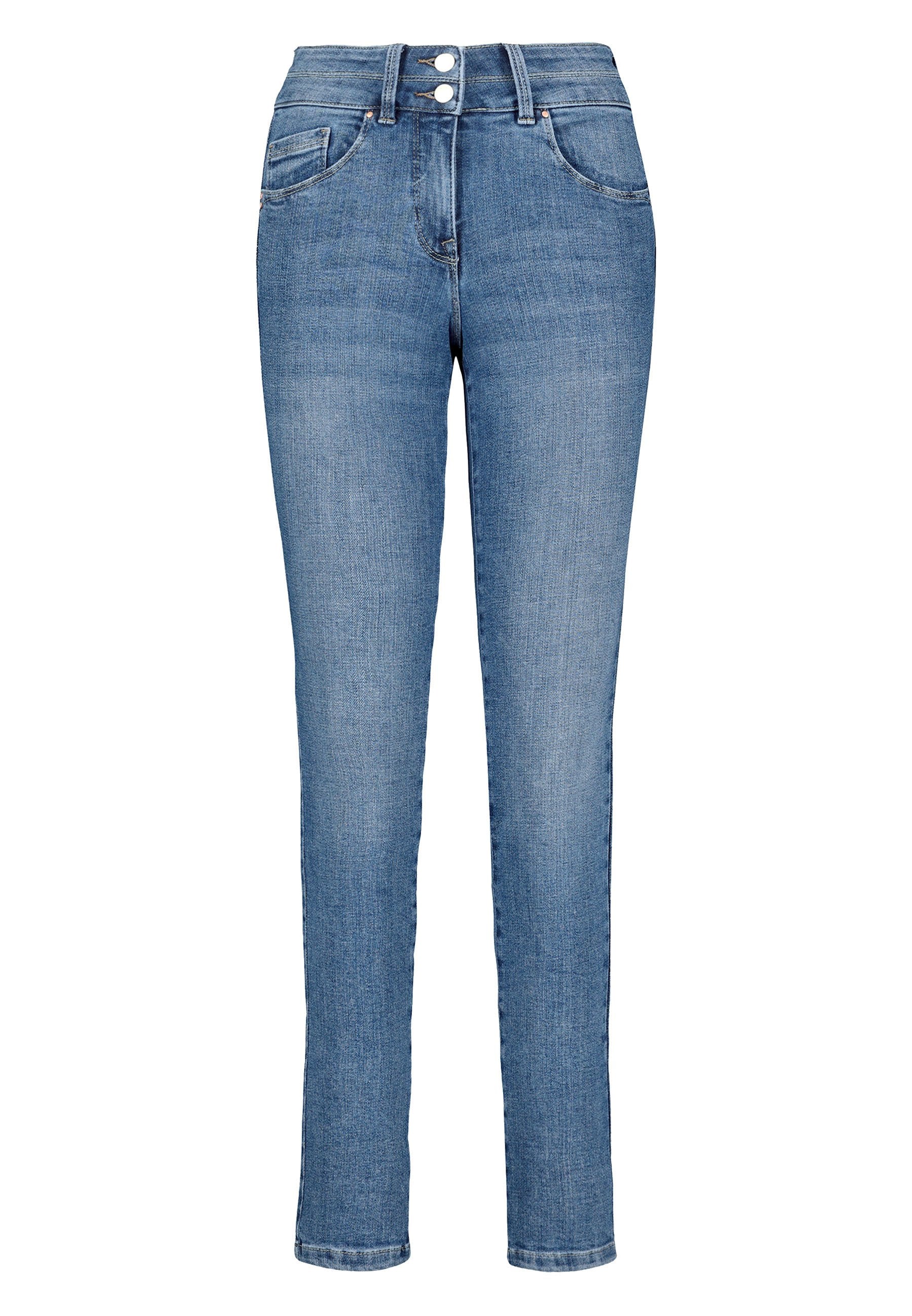 Damen Jeans aus blauer Denim, gerade Passform, mittlere Leibhöhe, mit zwei Fronttaschen und einem Metallknopfverschluss, mit leicht ausgewaschenem Finish.
