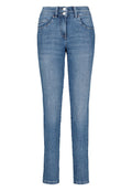 Damen Jeans aus blauer Denim, gerade Passform, mittlere Leibhöhe, mit zwei Fronttaschen und einem Metallknopfverschluss, mit leicht ausgewaschenem Finish.