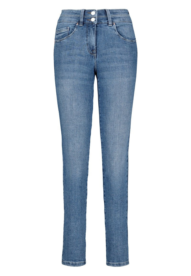 Damen Jeans aus blauer Denim, gerade Passform, mittlere Leibhöhe, mit zwei Fronttaschen und einem Metallknopfverschluss, mit leicht ausgewaschenem Finish.