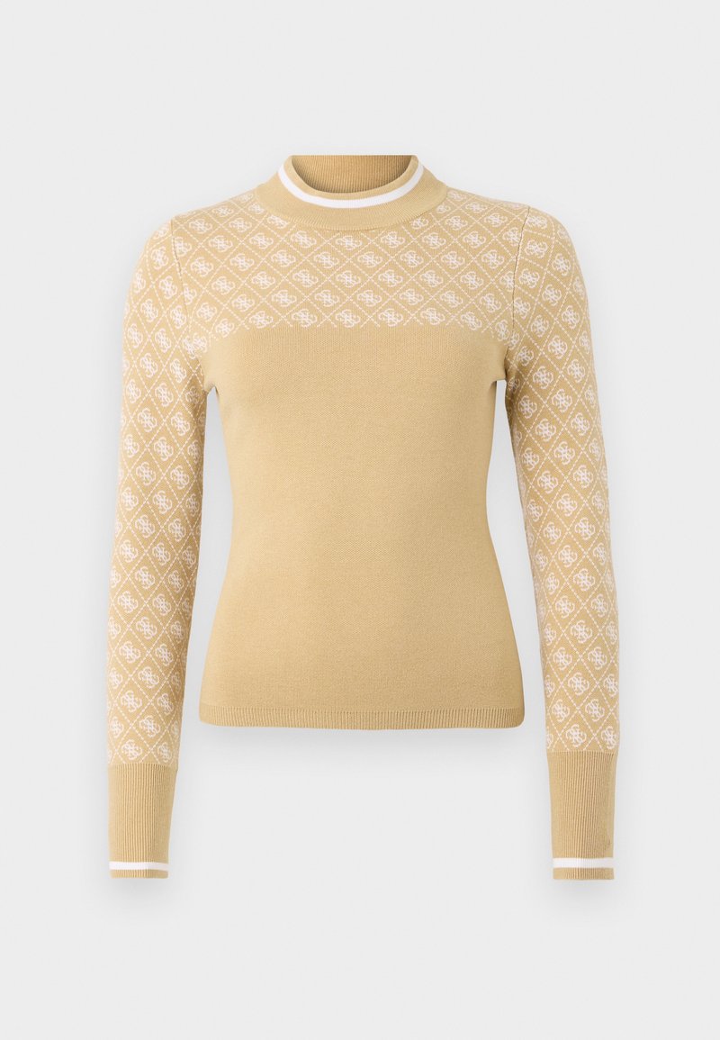 Beige gestrickter Pullover mit einem weißen Rautenmuster an den oberen Ärmeln, geripptem Ausschnitt und Manschetten mit weißen Akzenten.