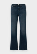Dunkelblaue Schlagjeans mit Reißverschluss vorne, fünf Taschen und dezentem Ausbleichen. Hergestellt aus Denim mit glatter Textur und sichtbaren Nähten.