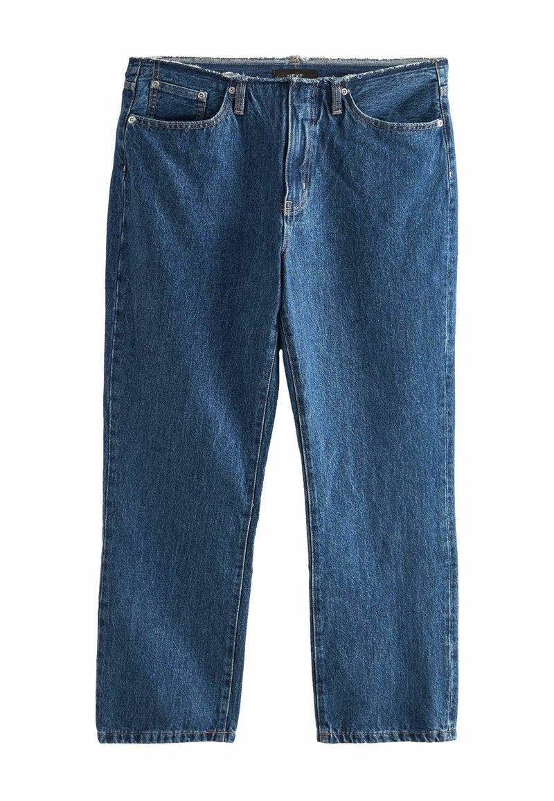 Blaue Denim-Jeans mit geradem Bein, fünf Taschen-Design und kontrastierenden Nähten. Mit Reißverschluss und Gürtelschlaufen.