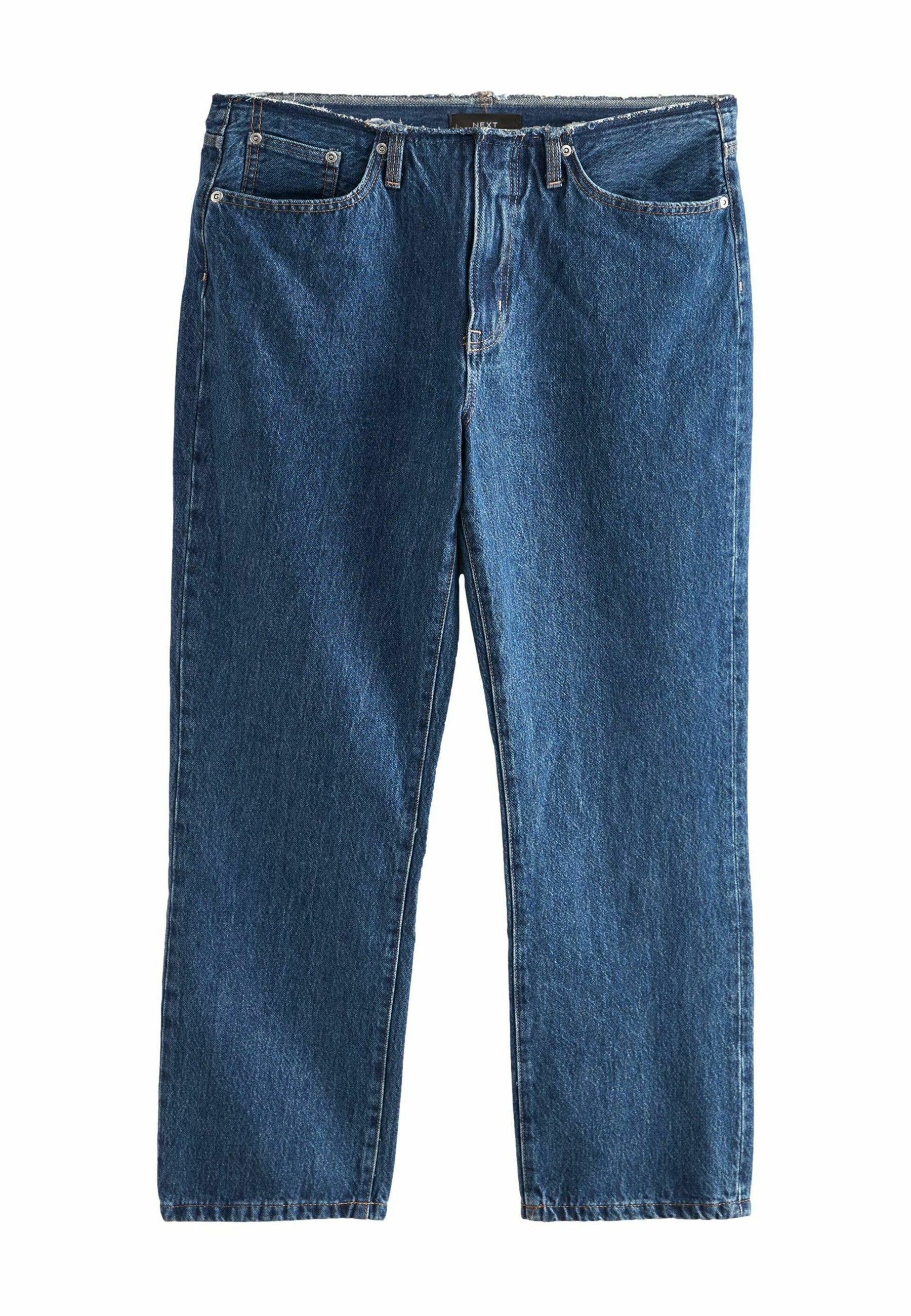 Blaue Denim-Jeans mit geradem Bein, fünf Taschen-Design und kontrastierenden Nähten. Mit Reißverschluss und Gürtelschlaufen.