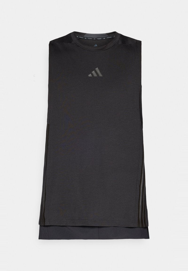 Schwarzes ärmelloses Sportshirt mit rundem Ausschnitt, dezentem Logo und strukturierten Seitenpaneelen für bessere Atmungsaktivität. Leichtes Material.