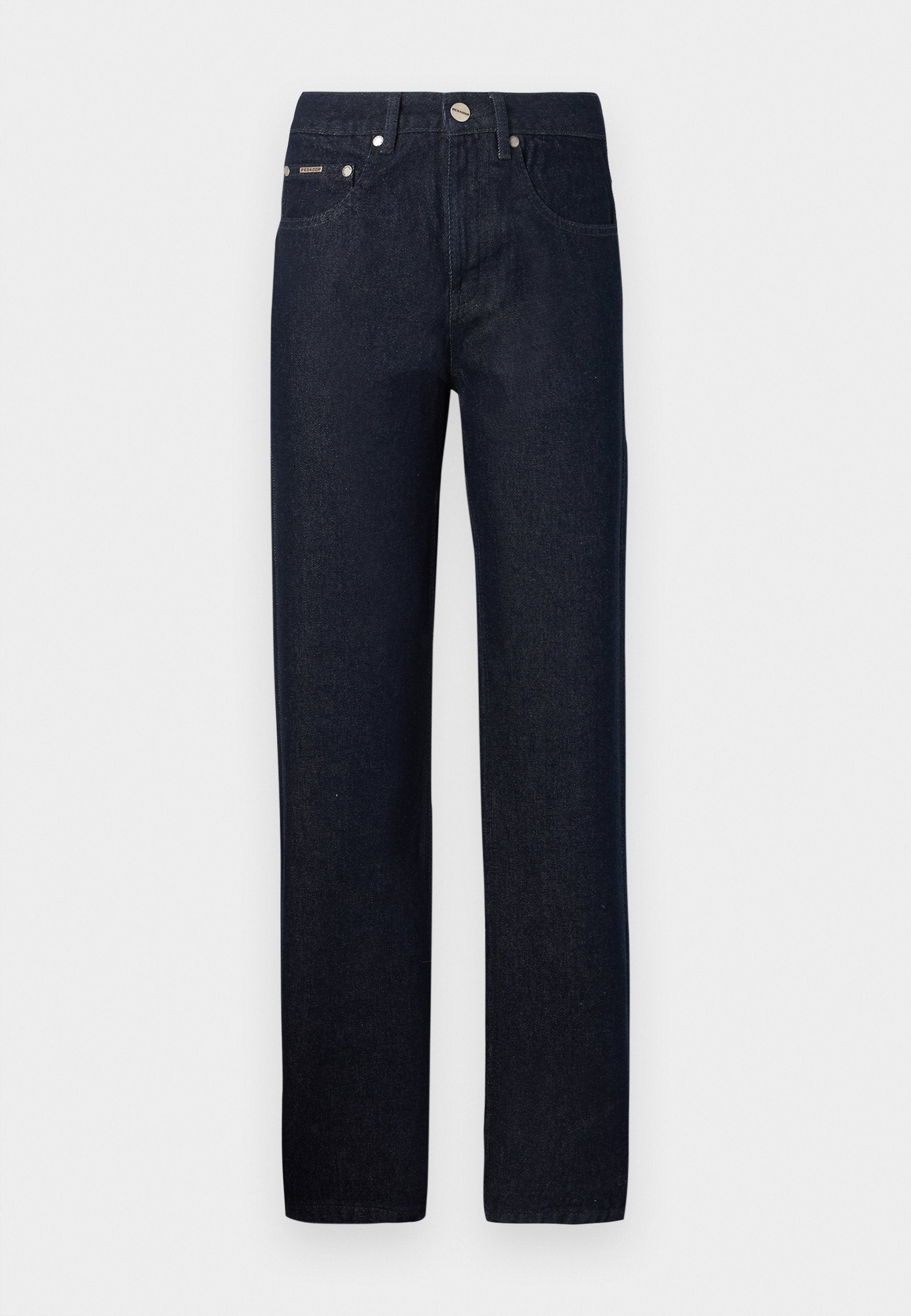 Dunkelblaue Jeans aus Denim mit geradem Bein, im Fünf-Taschen-Stil und mit Metallknopfverschluss. Hergestellt aus strapazierfähigem Baumwollstoff.
