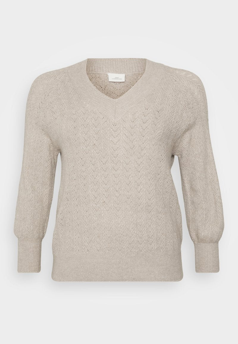 Beige gestrickter Pullover mit V-Ausschnitt, der ein strukturiertes Zickzackmuster aufweist, lange Ärmel sowie gerippte Bündchen und Saum hat. Leichter Stoff.