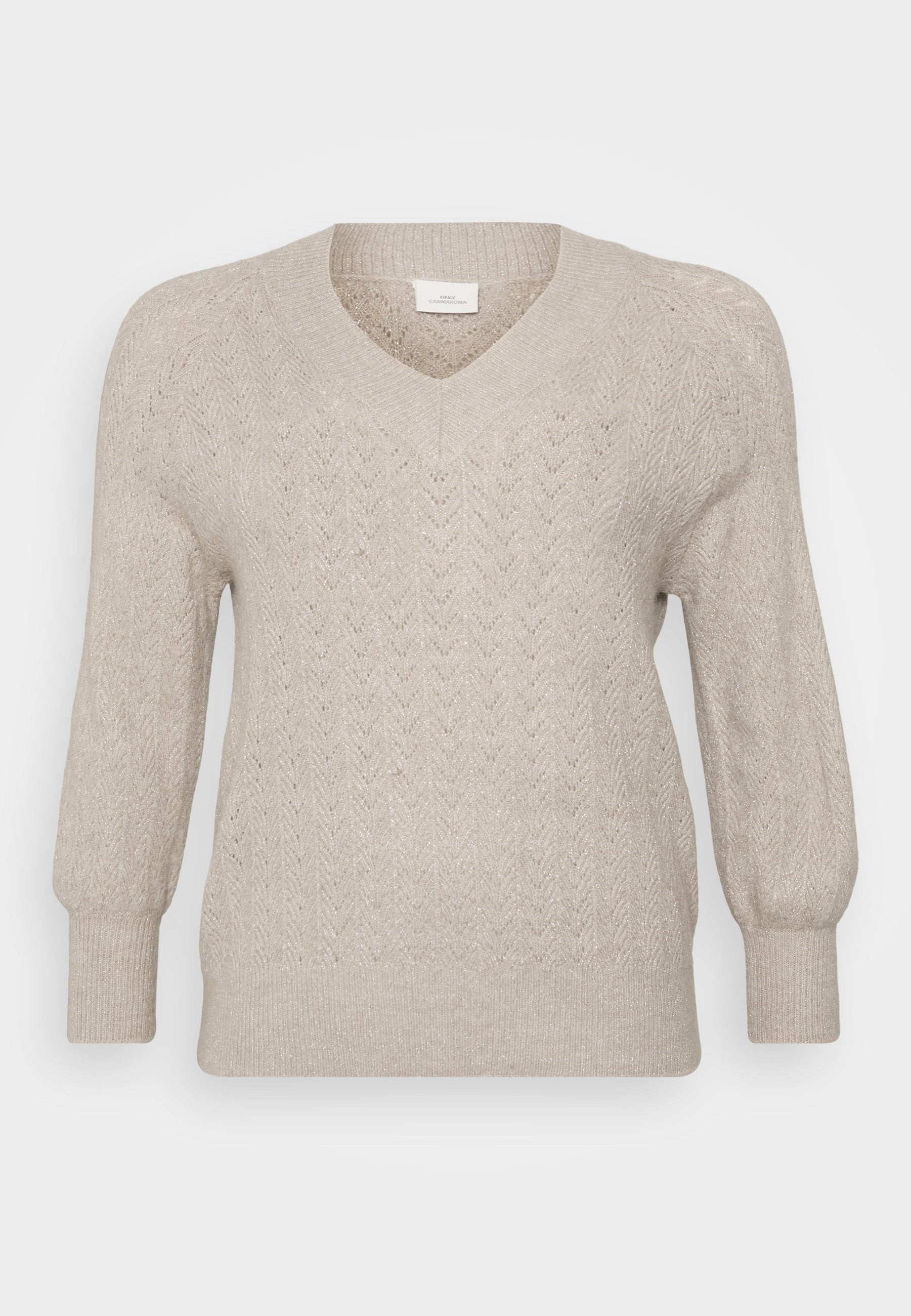 Beige gestrickter Pullover mit V-Ausschnitt, der ein strukturiertes Zickzackmuster aufweist, lange Ärmel sowie gerippte Bündchen und Saum hat. Leichter Stoff.