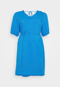 Kleid mit kurzen Ärmeln in Blau, mit V-Ausschnitt und Kordelzug in der Taille, verfügt über eine glatte Textur und einen lässigen Schnitt, geeignet für die Freizeit.