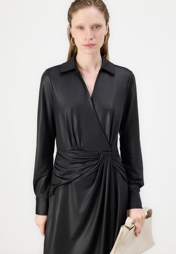 DKNY COLLARED V NECK DRAPPED DRESS