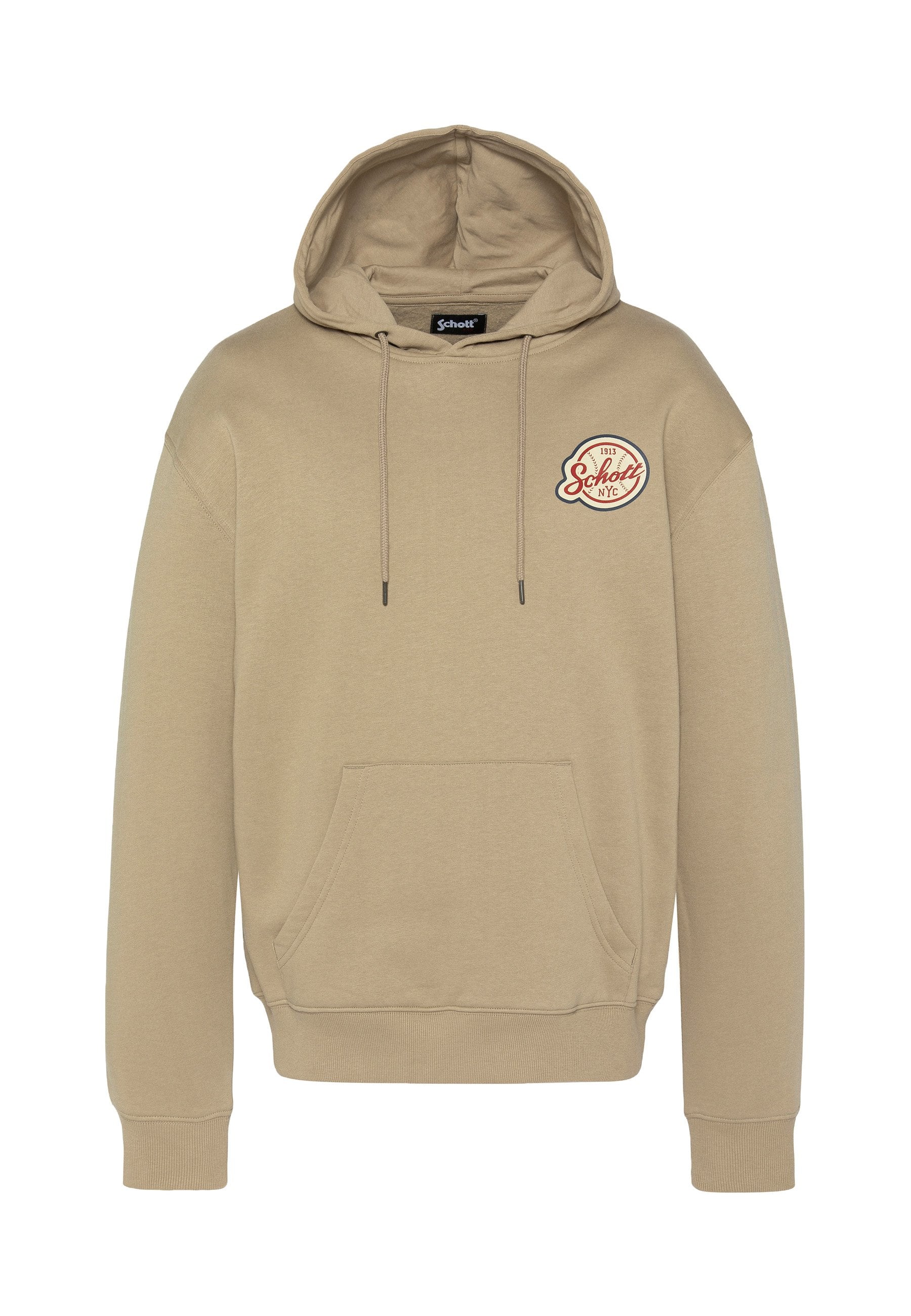 Beiger Kapuzenpullover mit einer Fronttasche, Kordelzug an der Kapuze und einem runden rot-weißen Logo auf der linken Brust. Weiche Stoffstruktur.